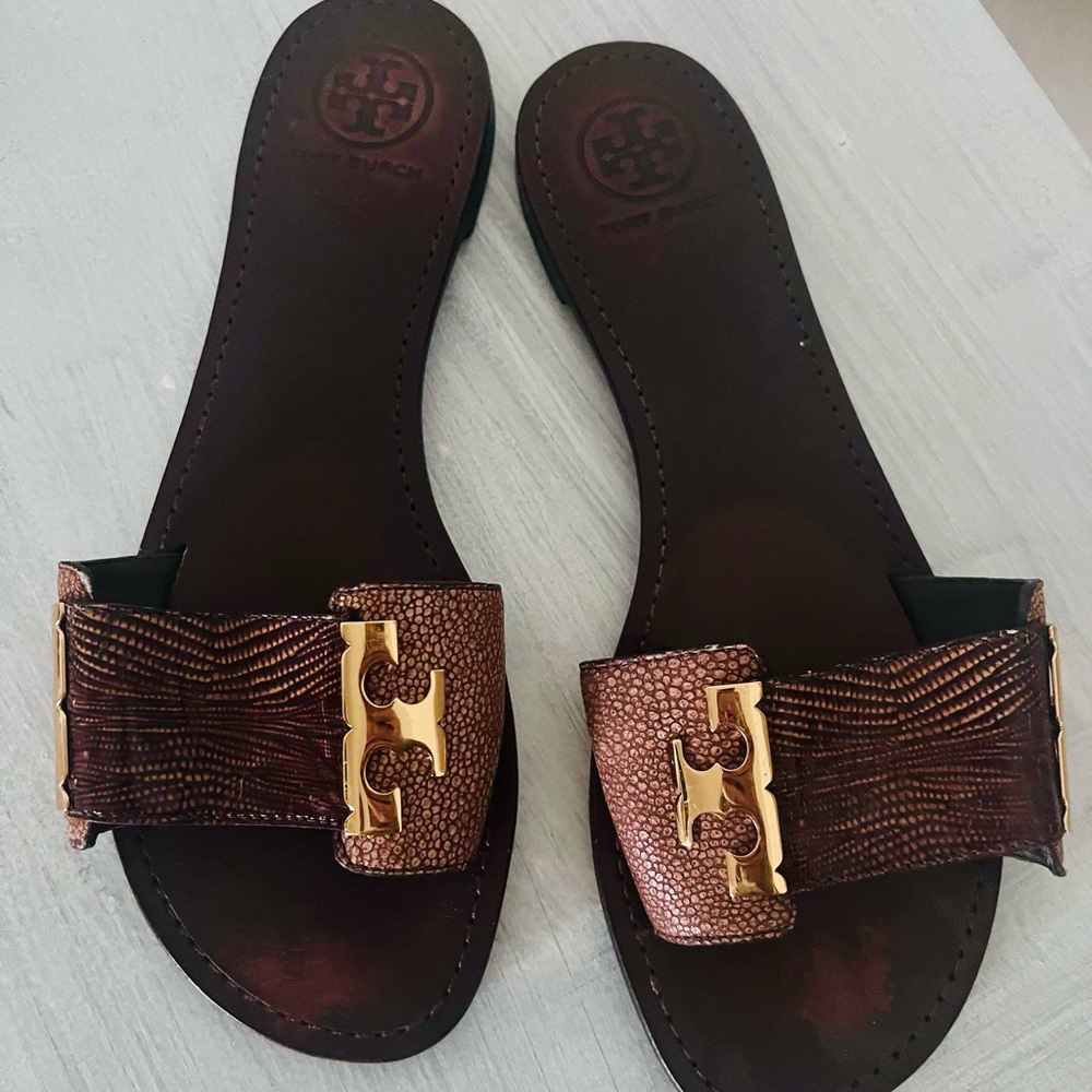 Tory Burch Brown Gold Emblem Slides Sandals Sz 8